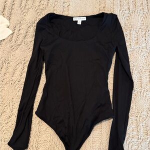 Black Ribbed Fitted Bodysuit with Long Sleeves